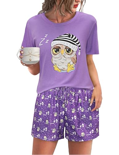 Demegimi Kurzer Schlafanzug Damen Baumwolle Sommer Shorty Pyjama Kurzarm Nachtwäsche Zweiteiliger Schlafanzug für Damen mit Eulenmuster S-XXL von Demegimi