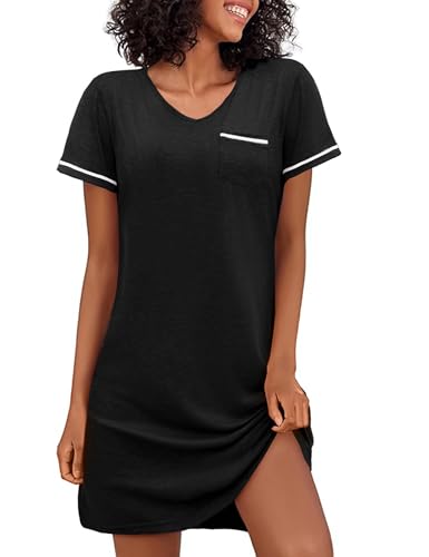Demegimi Nachthemd Damen Baumwolle Kurzarm Oversize Schlafshirt V-Ausschnitt Sleepshirt Sommerthemd Nachtwäsche S-XXL von Demegimi