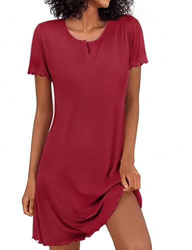 Demegimi Nachthemd Damen Kurz Baumwolle Schlafshirt Sommer Kurzarm Schlafshirt Kurz mit Knöpfen Weiche Schlafhemd mit Rundhalsausschnitt von Demegimi