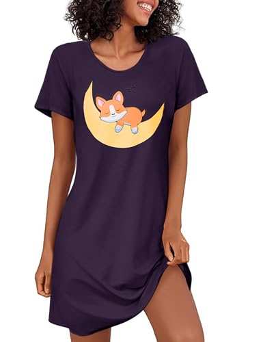 Demegimi Nachthemd Damen Kurzarm Schlafshirt Kurz Sommer Nachtwäsche Lustig Sleepshirt mit Corgi Hunde Motivdruck S-3XL von Demegimi