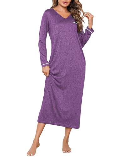 Demegimi Nachthemd Damen Lang Baumwolle Langarm Nachtkleid Oversize Schlafshirt V-Ausschnitt Umstandskleid Stillnachthemd Sleepshirt mit Taschen von Demegimi
