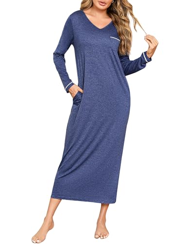Demegimi Nachthemd Damen Langarm Baumwolle Schlafkleid Winter Pyjama Lang Schlafshirt Nachtwäsche Nachtkleid Freizeitkleid mit Taschen von Demegimi