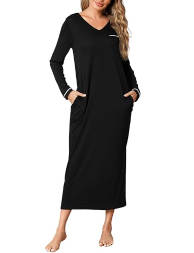 Demegimi Nachthemd Damen Langarm Baumwolle Schlafkleid Winter Pyjama Lang Schlafshirt Nachtwäsche Nachtkleid Freizeitkleid mit Taschen von Demegimi