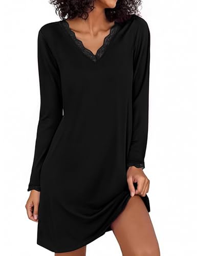 Demegimi Nachthemd Damen Langarm Schlafshirt Baumwolle Kurz Spitze Nachtkleid Winter Nachtwäsche von Demegimi