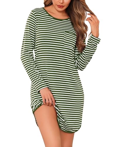 Demegimi Nachthemd Damen Langarm Schlafshirt Baumwolle Winter Nachtwäsche Rundhals Streifen Schlafhemd S-XXL von Demegimi
