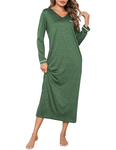 Demegimi Nachthemd Damen Langarm Stillnachthemd Langarm Baumwolle Schlafshirt lang Schlafkleid Mädchen Sleepshirt V-Ausschnitt Damen Schlafhemd mit Taschen von Demegimi