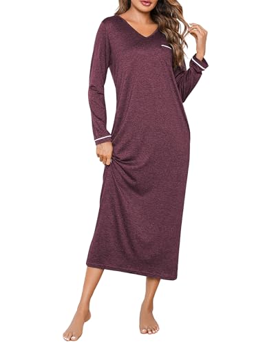 Demegimi Nachthemd Damen Langarm Stillnachthemd Langarm Baumwolle Schlafshirt lang Schlafkleid Mädchen Sleepshirt V-Ausschnitt Damen Schlafhemd mit Taschen von Demegimi