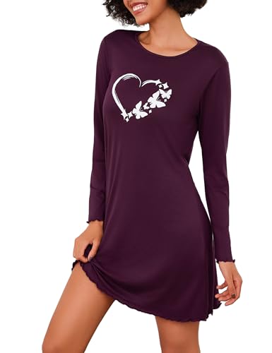 Demegimi Nachthemd Damen Schlafshir Langarm Baumwolle Winter Nachtwäsche Rundhals Nachtkleid Warm Sleepwear von Demegimi