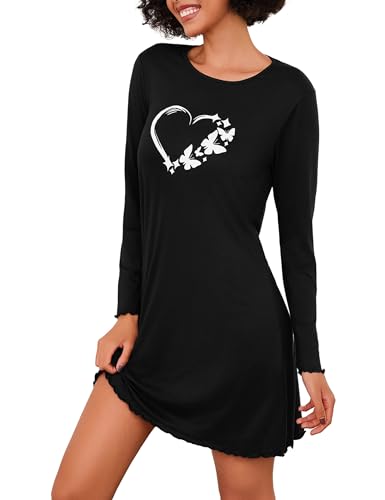 Demegimi Nachthemd Damen Schlafshir Langarm Baumwolle Winter Nachtwäsche Rundhals Nachtkleid Warm Sleepwear von Demegimi