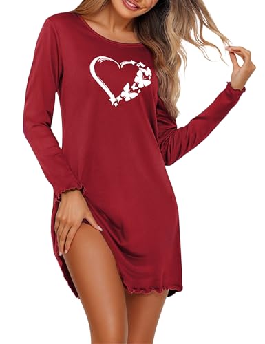 Demegimi Nachthemd Damen Schlafshir Langarm Baumwolle Winter Nachtwäsche Rundhals Nachtkleid Warm Sleepwear von Demegimi
