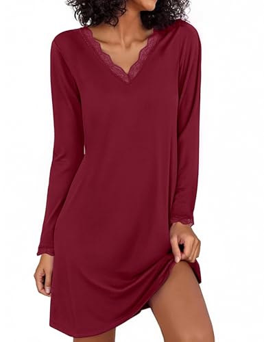 Demegimi Nachthemden für Damen Langarm Schlafshirt Damen Kurzarm Sommer Spitze Negligee V-Ausschnitt Sleepshirt Baumwolle T-Shirt Schlafkleid von Demegimi