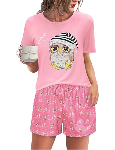 Demegimi Pyjama Damen Kurz Baumwolle Schlafanzug Shorty Zweiteiliger Nachtwäsche lustig Sommer Pyjama Set Rundhals Mädchen von Demegimi