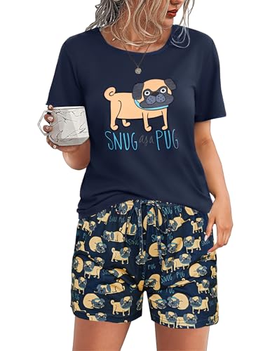 Demegimi Pyjama Damen Kurz Schlafanzug Damen Baumwolle Pyjama Set Rundhals Witzig Zweiteiliger Nachtwäsche Shorty Urlaub Sleepwear mit Hundemotiv von Demegimi