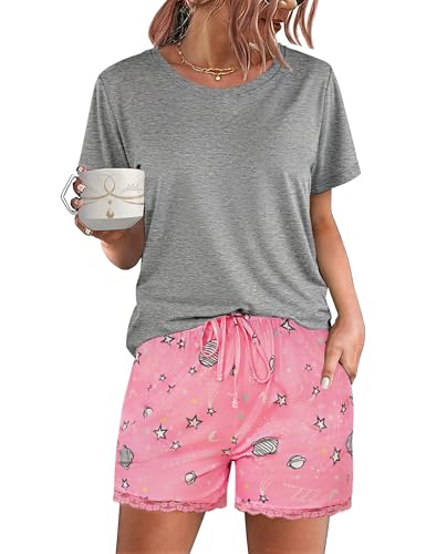 Demegimi Pyjama Damen Kurz Schlafanzug Damen Baumwolle Pyjama Set Rundhals Zweiteiliger Nachtwäsche Shorty Urlaub Sleepwear mit Spitze für Sommer von Demegimi