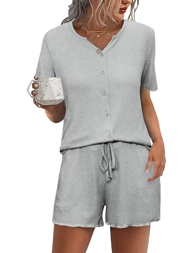 Demegimi Pyjama Damen Kurz Schlafanzug Damen Baumwolle Pyjama Set V-Ausschnitt Zweiteiliger Nachtwäsche Shorty Urlaub Sleepwear mit Knopfleiste von Demegimi