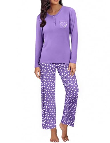 Demegimi Pyjama Damen Lang Damen Schlafanzug Set lang Baumwolle Langarm Nightwear Winter Pyjama Set mit Knopfleiste von Demegimi