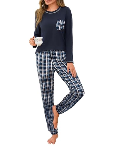 Demegimi Pyjama Damen Lang aus Baumwolle Bequemer Schlafanzug Zweiteiler mit Rundhals für Herbst & Winter，Dunkelblau，XL von Demegimi