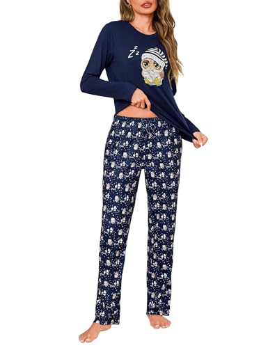 Demegimi Pyjama Damen Lang aus Baumwolle Zweiteiliger Schlafanzug Damen Langarm mit Print Kuschelige Nachtwäsche für den Winter,Blau,M von Demegimi