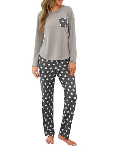 Demegimi Pyjama Damen Schlafanzug Lang mit Sternen Pyjama Baumwolle Rundhals Pyjama Sets Zweiteiliger Langarm Hausanzug von Demegimi