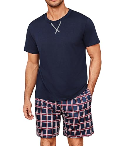 Demegimi Pyjama Herren Kurz Schlafanzug Sommer Baumwolle Rundhals Nightwear Zweiteiliger Set mit Oberteil und kurzer Hose,Rot,l von Demegimi