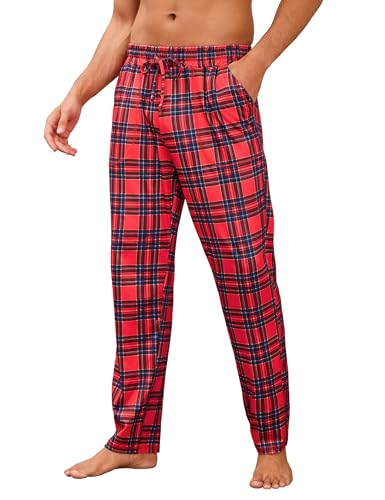 Demegimi Rote Pyjamahose Herren Baumwolle Schlafanzughose Lang Karierte Lange Schlafhose Freizeithose für Männer von Demegimi