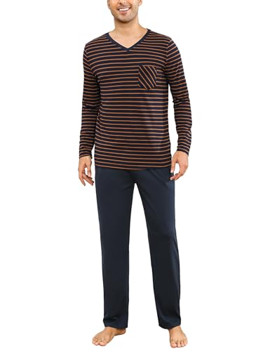 Demegimi Schlafanzüge Herren Lang Baumwolle Pyjama Männer Streifen V-Ausschnitt Lounge Wear Herren Schlafanzug Warm Winter von Demegimi