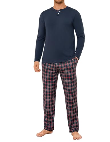 Demegimi Schlafanzüge Herren Lang Winter Pyjama mit Unifarbenem Langarmshirt und Karierte Schlafanzughose Männer Rot L von Demegimi