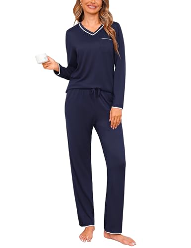 Demegimi Schlafanzüge für Damen Pyjama Lang Baumwolle Nachtwäsche Winter Pyjama Set Einfabig Zweiteiler mit V-Ausschnitt für Winter Herbst von Demegimi