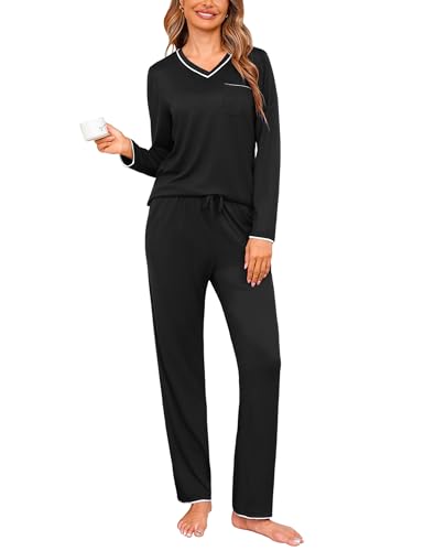 Demegimi Schlafanzüge für Damen Pyjama Lang Baumwolle Nachtwäsche Winter Pyjama Set Einfabig Zweiteiler mit V-Ausschnitt für Winter Herbst von Demegimi