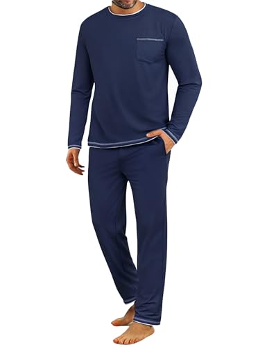 Demegimi Schlafanzüge für Herren Lang Baumwolle Warm Pyjama mit Unifarbenem Langarmshirt und Pyjamahose Vater von Demegimi