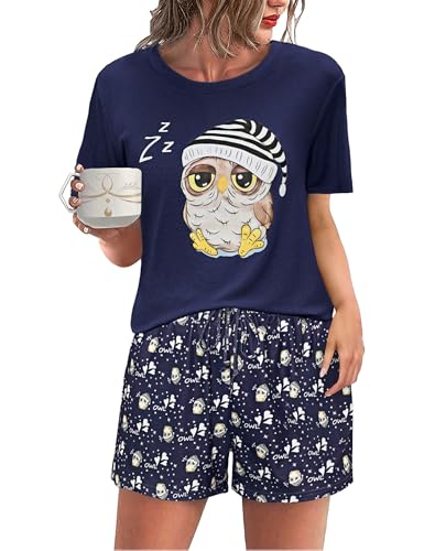 Demegimi Schlafanzug Damen Kurz Lustig Sommer Pyjama Kurz Nachtwäsche Set Rundhals mit Cartoon Eulen Design Sleepwear Hausanzug S-2XL von Demegimi