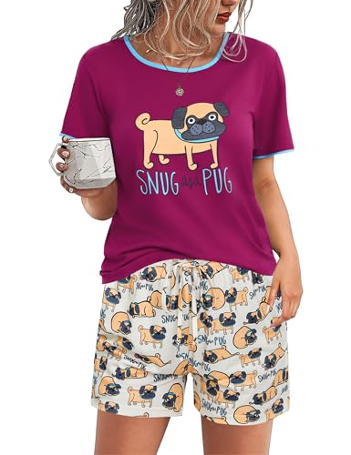 Demegimi Schlafanzug Damen Kurz Lustig Sommer Pyjama Kurz Nachtwäsche Set Rundhals mit Cartoon Hunde Design Sleepwear Hausanzug S-2XL von Demegimi