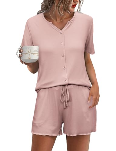 Demegimi Schlafanzug Damen Kurz Pyjama Baumwolle Sommer Shorty Nachtwäsche Kurzarm Schlafanzüge mit Knopfleiste S-XXL von Demegimi
