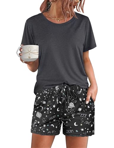 Demegimi Schlafanzug Damen Kurz Pyjama Baumwolle Star Nachtwäsche Sommer Set Rundhals Nachtwäsche Kurzarm Schlafanzüge S-XXL von Demegimi
