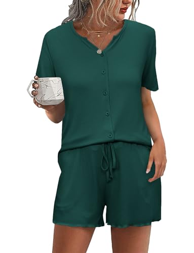 Demegimi Schlafanzug Damen Kurz Pyjama Baumwolle mit Knopfleiste Sommer Nachtwäsche V-Ausschnitt von Demegimi