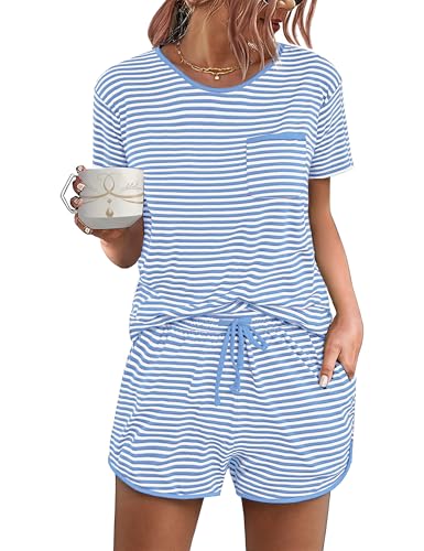 Demegimi Damen Pyjama Kurzarm Baumwolle Pyjama Set Rundhals Kurz Nachtwäsche Damen Schlafanzug mit Streifen von Demegimi