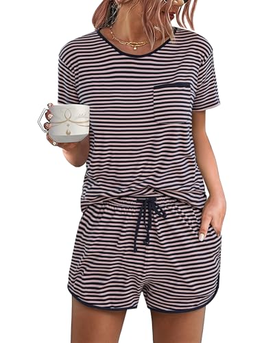 Demegimi Damen Schlafanzug Kurz Pyjama Baumwolle Pyjama Set Rundhals Kurzarm Nachtwäsche Damen Rosa Gestreift von Demegimi