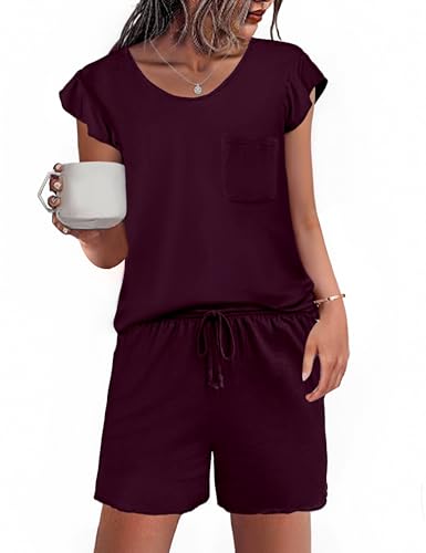 Demegimi Schlafanzug Damen Kurz Pyjama Set Baumwolle Rundhals Nachtwäsche mit Rüschenärmel und Tasche für Sommer Demegimi Schlafanzug Damen Kurz Pyjama Set Baumwolle Rundhals Nachtwäsche mit Rüschenärmel und Tasche für Sommer von Demegimi