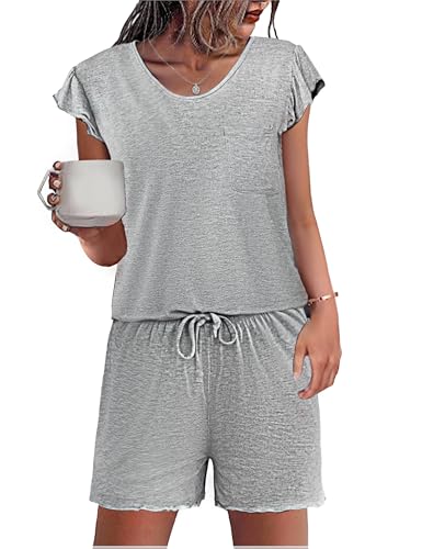 Demegimi Schlafanzug Damen Kurz Pyjama Set Baumwolle Rundhals Nachtwäsche mit Rüschenärmel und Tasche für Sommer Demegimi Schlafanzug Damen Kurz Pyjama Set Baumwolle Rundhals Nachtwäsche mit Rüschenärmel und Tasche für Sommer von Demegimi