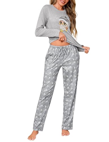 Demegimi Schlafanzug Damen Lang Baumwolle Pyjama Damen Langarm mit Eulenmotiv Bequemer Winter Zweiteilig für Zuhause,Hellgrau,M von Demegimi