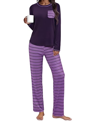 Demegimi Schlafanzug Damen Lang Herzchen Pyjama Baumwolle Rundhals Pyjama Sets Zweiteiliger Langarm Hausanzug von Demegimi