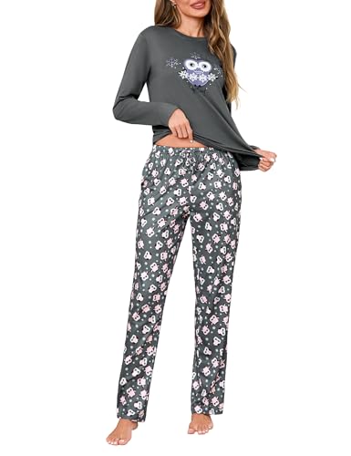 Demegimi Schlafanzug Damen Lang Pyjama Baumwolle Rundhals Eule Eulen Nachtwäsche Winter Schlafanzüge von Demegimi