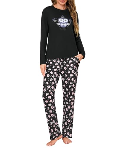 Demegimi Schlafanzug Damen Lang Pyjama Baumwolle Rundhals Eule Eulen Nachtwäsche Winter Schlafanzüge von Demegimi
