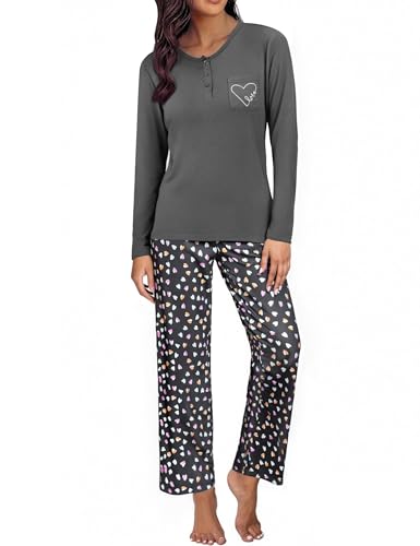 Demegimi Schlafanzug Damen Lang Pyjama Baumwolle Winter Nachtwäsche Rundhals Schlafanzüge mit Herzen Loungewear Sleepwear Hausanzug von Demegimi