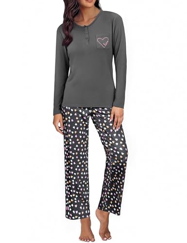 Demegimi Schlafanzug Damen Lang Pyjama Baumwolle Winter Nachtwäsche Rundhals Schlafanzüge mit Herzen Loungewear Sleepwear Hausanzug von Demegimi