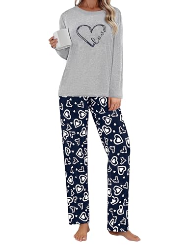 Demegimi Schlafanzug Damen Lang Winter Pyjama Damen Baumwolle mit Druck Weiche Herzmuster Nachtwäsche Hausanzug Freizeitanzug S-XXL von Demegimi