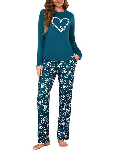 Demegimi Schlafanzug Damen Lang Winter Pyjama Damen Baumwolle mit Druck Weiche Herzmuster Nachtwäsche Hausanzug Freizeitanzug S-XXL von Demegimi