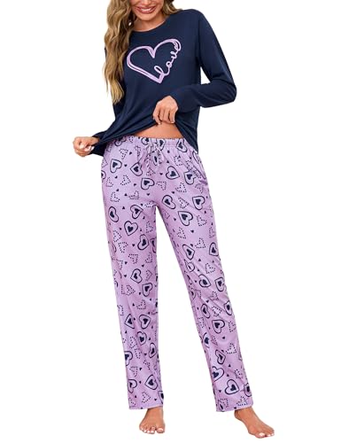 Demegimi Schlafanzug Damen Lang Winter Pyjama Damen Baumwolle mit Druck Weiche Herzmuster Nachtwäsche Hausanzug Freizeitanzug S-XXL von Demegimi