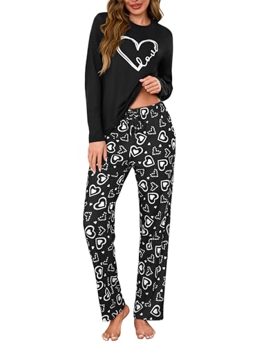Demegimi Schlafanzug Damen Lang Winter Pyjama Damen Baumwolle mit Druck Weiche Herzmuster Nachtwäsche Hausanzug Freizeitanzug S-XXL von Demegimi