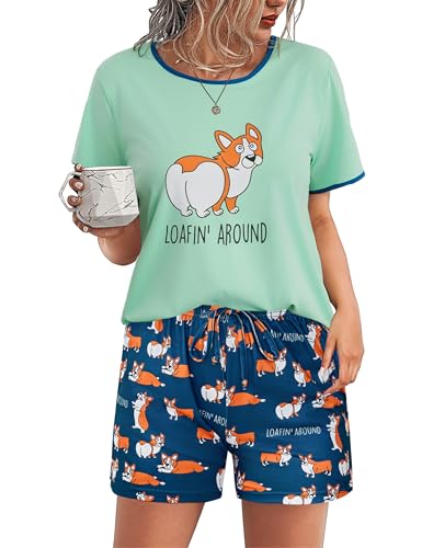 Demegimi Schlafanzug Damen Kurz Lustig Pyjama Baumwolle Sommer Shorty Nachtwäsche Kurzarm Schlafanzüge mit Hundmuster S-XXL von Demegimi